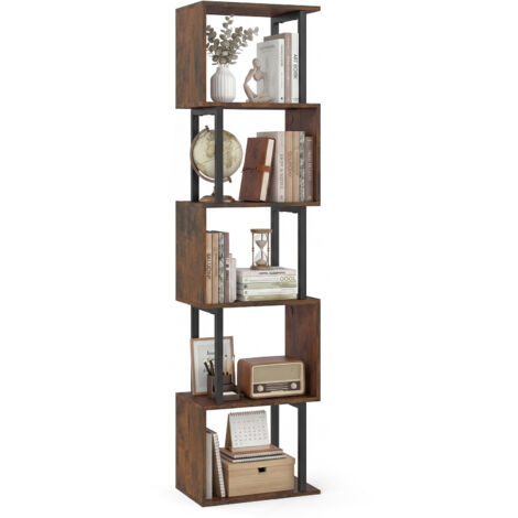 Bibliothèque à 5 Niveaux, Meuble de Rangement Ouvert Géométrique en Forme de S avec Cadre Métallique, Étagère à Livres, 38 x 23 x 147 cm, Marron