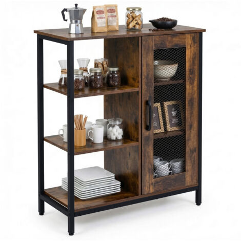Buffet de Rangement avec Placard à Porte en Maille, Étagères Réglables, Cadre en Métal, Kits Anti-basculement, pour Salon, Cuisine, 70x30x81 cm, Brun (1/5)