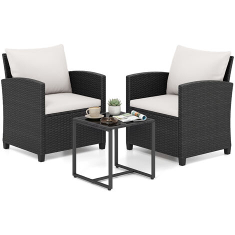 Salon de Jardin Exterieur 2 Personnes en Rotin PE, avec 2 Fauteuils à Coussins Amovibles&Table Basse à Plateau en Verre Trempé, Noir+Beige (1/5)