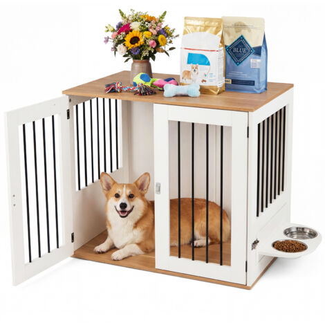 Cage pour Chien, Portes à Verrous & Loquets, Distributeur à Rotation 360° et Gamelles, Niche Chien Interieur en Bois, pour Petits/Moyens, 80x56x72cm (1/5)