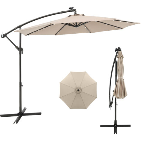 Parasol Déporté 3M Hexagonale, avec 40 LED Solaire, Inclinable, 8 Baleines en Métal, Base Croisée, Parasol à Manivelle, Beige (1/5)