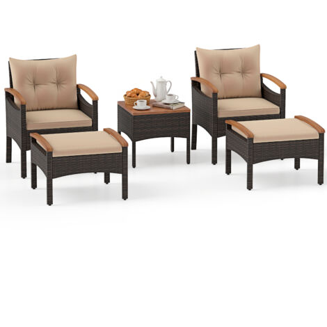 Salon de Jardin en Rotin 5 Pièces, avec 2 Fauteuils 2 Ottomans et Table d'Appoint avec Plateau en Bois d'Acacia, Coussins Amovibles, Brun (1/5)