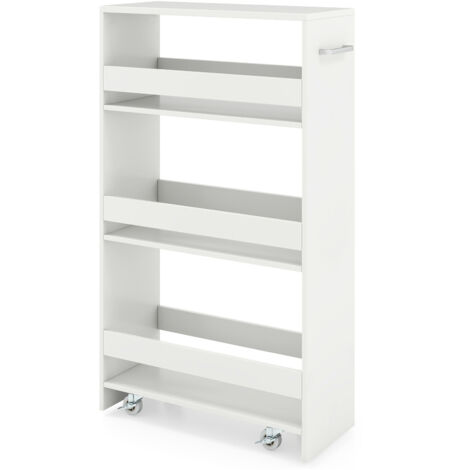 Chariot de Rangement Largeur 20 cm à roulettes, Desserte de Cuisine à 4 Niveaux, Poignée Latérale et Roues Universelles avec Freins (Blanc+Blanc)