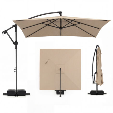 2,5 x 2,5 M Parasol Déporté avec Rotation à 360°, Parasol de Plage Rectangulaire avec 8 Baleines, Manivelle, Base Lestée, Sacs de Sable, Brun (1/5)