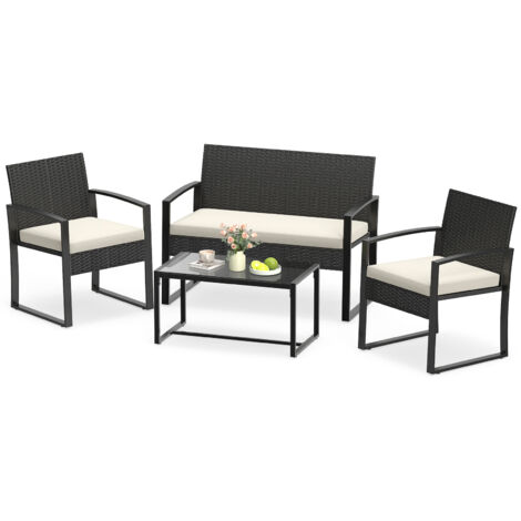 Salon de Jardin Exterieur 4 Personnes en Rotin, Table Basse avec Plateau en Verre Trempé, 2 Fauteuils, 1 Canape, pour Terrasse Balcon Patio, Beige (1/5)