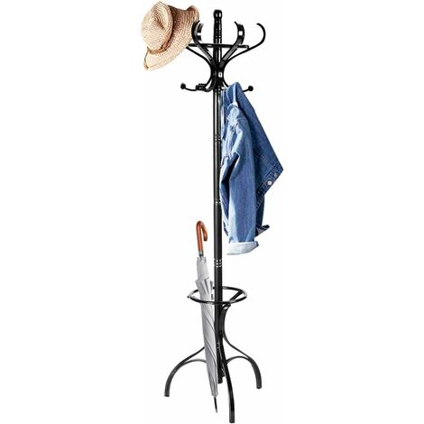 COSTWAY Porte-Manteau sur Pieds en Bois avec 12 Crochets,Porte-Parapluie,Charge Maximale 10KG,180CM de Hauteur pour l’Entrée,Salon,Chambre à Coucher,Bureau (Noir)