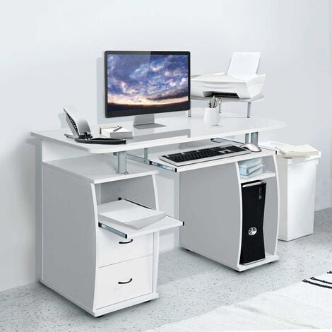HOMCOM Bureau informatique multimédia multi-rangements avec étagère tiroir  tablette clavier MDF 120 x 60 x 74 cm blanc pas cher 