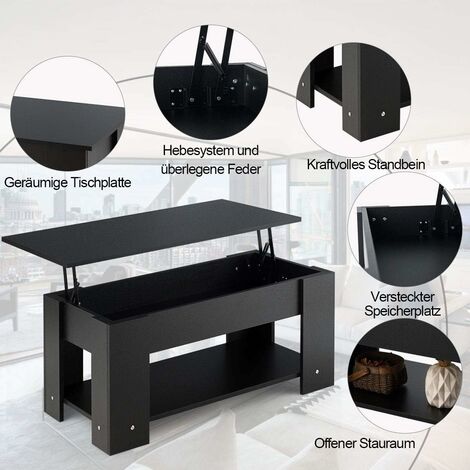 Table Basse Relevable Avec Rangement - Hauteur Réglable 45-60 Cm, 3 Casiers, Système Pneumatique, 100x50x45 Cm