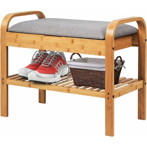 Banc à chaussures avec coussins rembourrés en bambou et couvercle, 60 x 34 x 50cm, charge 150 kg (1/5)