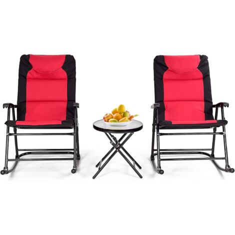 COSTWAY Ensemble de Jardin 3 PCS Table Basse en Verre avec 2 Chaises Extérieures à Bascule Pliables Coussins Rembourrés Rouge (1/5)
