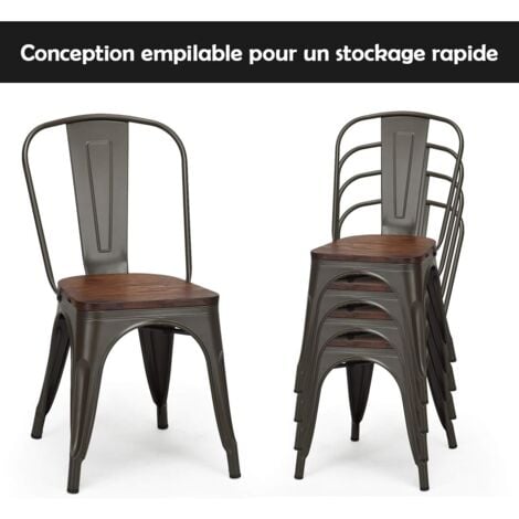 COSTWAY Lot de 4 Chaises en métal Industrielles-Tabouret Empilables avec  assise en bois massif-52