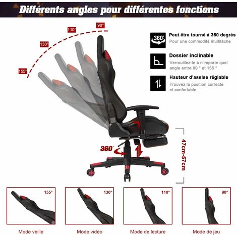 COSTWAY Chaise Gaming RVB , Fauteuil Gamer Éclairage LED 358 Effets en PU avec Dossier, Hauteur et Repose Pieds Réglable Rouge