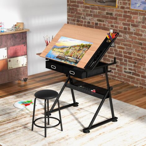 Table à Dessin GIANTEX Avec Tabouret - Plateau Inclinable 0-60°, Hauteur Réglable, Tiroirs De Rangement - Bureau Architecte, Artiste