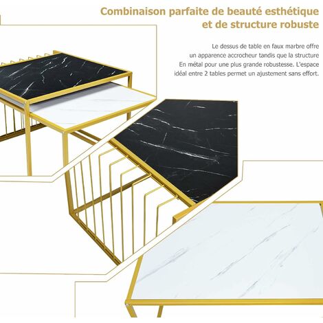 COSTWAY Lot de 2 Tables Basses Gigognes Surface en Marbre Artificiel Réaliste Scandinave Moderne Structure en Métal