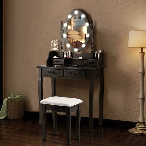 COSTWAY Coiffeuse,Table de Maquillage avec Miroir Oval et 10 Ampoules LED à Intensité Variable 4 Tiroirs de Rangement Noir