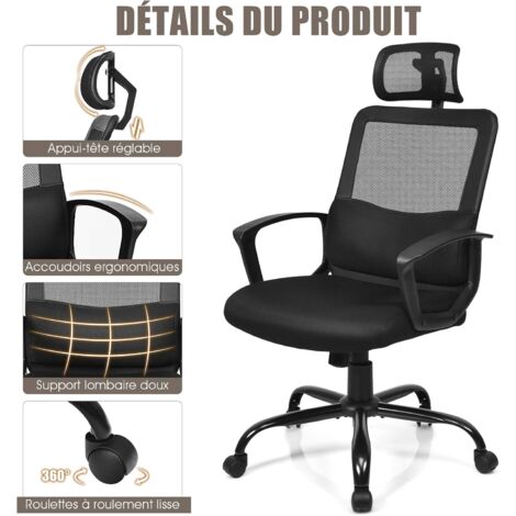 COSTWAY Chaise De Bureau Ergonomique Hauteur Réglable Fauteuil D ...