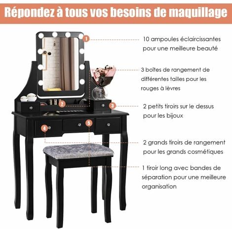 Coiffeuse Table de Maquillage avec 10 Ampoules LED avec 5 Tiroirs et Boîtes  de Rangement Amovibles Noir - Costway