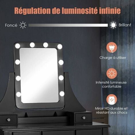 Coiffeuse 10 Ampoules Led À Intensité Variable, Miroir Pivotant À