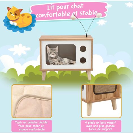 Costway Maison Pour Chat En Bois Forme De Televiseur Niche Pour Chat Sur Pied Avec Grattoir Coussin Moelleux Et Jouets Amovibles