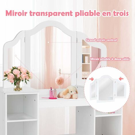 Coiffeuse Fille Blanche - Style Princesse | 50x30x105cm | Pour 3-8 Ans | Avec Miroir Cœur Et Tiroirs