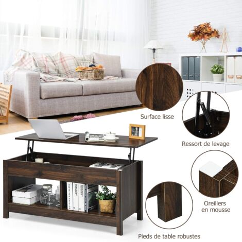 COSTWAY Table Basse Relevable Avec Rangement - Plateau Ajustable 44,5 à 58 Cm, Pieds Bois De Pin, Salon Et Bureau (Noir)