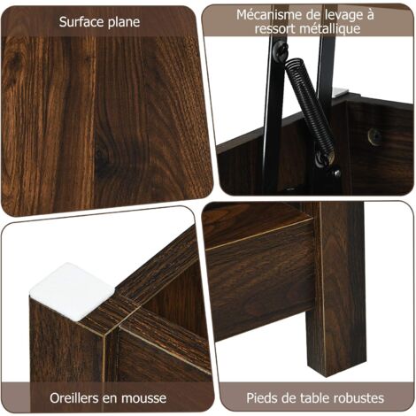 COSTWAY Table Basse Relevable Avec 2 Plateaux Et Rangement - Table Transformable Bois Massif Marron