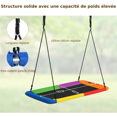 Balançoire Rectangulaire COSTWAY 150x80cm - Pour Enfants/Adultes Jusqu'à 150kg - Cordes Réglables - Extérieur/Intérieur