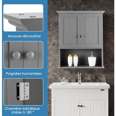 Armoire Murale Salle De Bain COSTWAY – 2 Portes 3 Étagères Réglables – Blanc Ou Gris – Sans Miroir