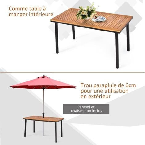 COSTWAY Table de Jardin en Bois d'Acacia Pré-huilé Certifié FSC 140x75x76CM avec Trou de Parasol Cadre en Métal Table à manger pour 6-8 Personnes