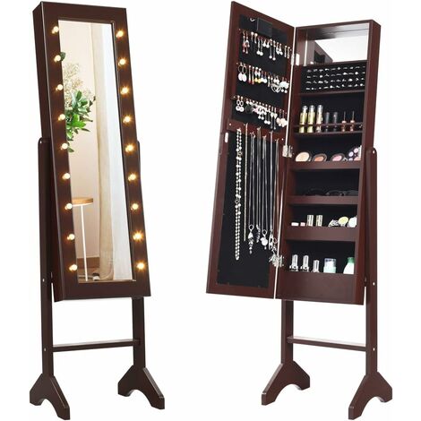COSTWAY Armoire à Bijoux sur Pied avec 18 LED, Angle Réglable,Doublure en Velours Doux 35 × 31,5 x 145 CM (Marron) (1/5)