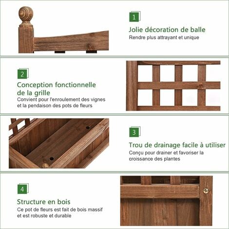 COSTWAY Jardinière avec Treillis en Bois 64,5 x 28 x 75 cm Bac à Fleurs Rectangulaire avec Trous de Drainage pour Jardin Terrasse