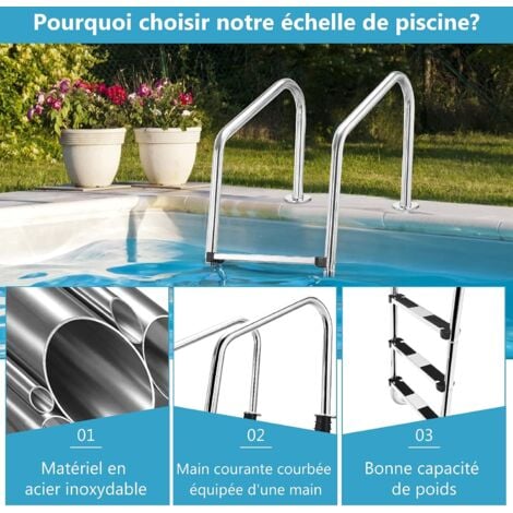 COSTWAY Échelle de Piscine à 3 Niveaux 147cm en Acier Inoxydable avec Marches Antidérapantes et Mains Courantes Confortables