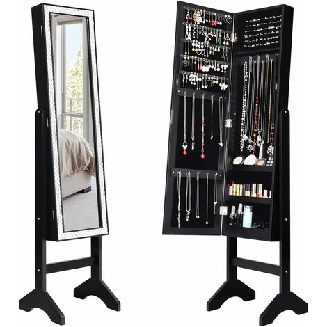 Costway – Armoire à bijoux autoportante en MDF avec miroir pleine longueur – 56 emplacements pour boucles d'oreilles – Doublure en velours pour protection - PIED 2 EN