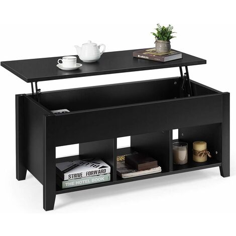 Costway – Table basse gigogne avec plateau relevable noir 104,5 x 49,5 x 48,5 cm – Métal et verre trempé – Trois compartiments de rangement (1/5)