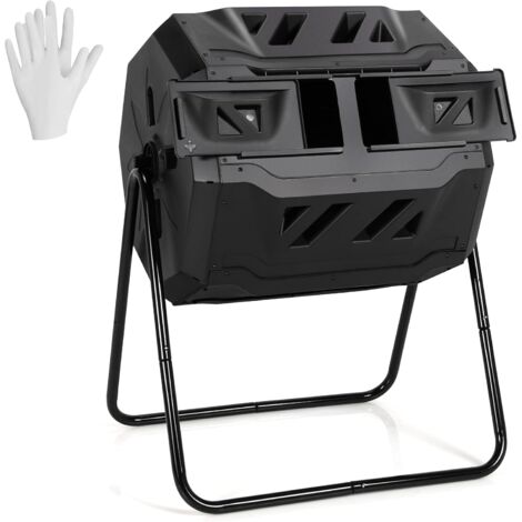 COSTWAY Composteur de Jardin Portable 160 L en PP avec Double Chambre Rotatif 2 Portes Coulissantes 2 Gants Système d'Aération Noir (1/5)