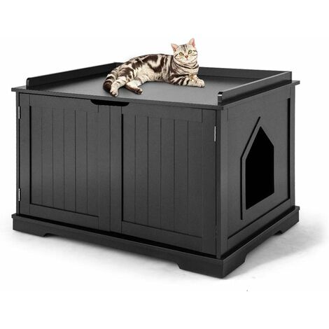 COSTWAY Niche pour Chats pour Intérieur, Maison pour Chats avec Chatière, 2 Compartiments, 1 Panneau Amovible et 2 Portes, 75 x 54 x 52cm Noir