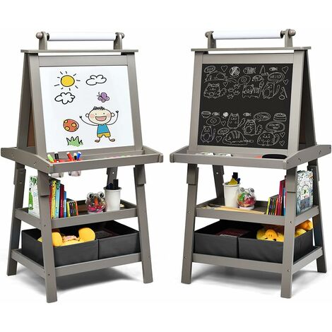 Costway – Chevalet pour enfants 3 en 1 – Tableau blanc et noir double face – Espace de rangement 2 niveaux – Dimensions 56,5 x 42,5 x 117 cm