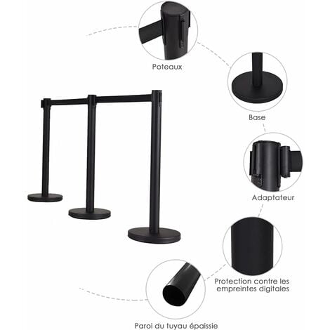 Poteau Guide-file Télescopique Avec Sangle Rouge 2 M - Finition Noire