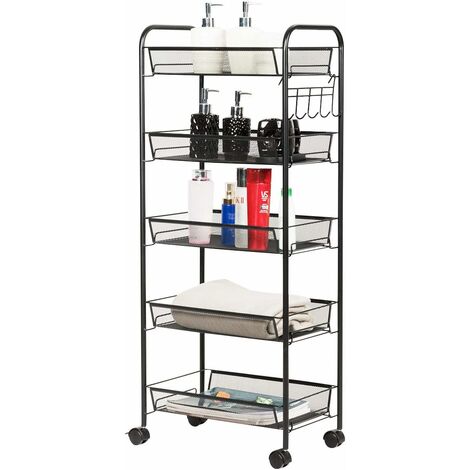 Chariot De Cuisine Rotatif à 5 Niveaux - En Acier Au Carbone, Blanc, Avec Roulettes 360° Verrouillables (capacité Max 50 Kg)