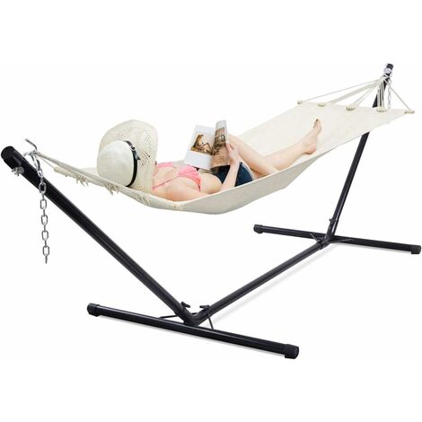 COSTWAY Hamac Avec Support Métallique XXL – Charge 150 Kg, Toile Poly-Coton Douce 210x100 Cm, Cadre Stable 320 Cm, Idéal Jardin Patio, Sac De Transport Inclus – Multicolore