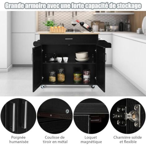 COSTWAY Desserte de Cusine, Bîlot de Cuisine à Roulettes Etagère Réglable sur 3 Niveaux Noir