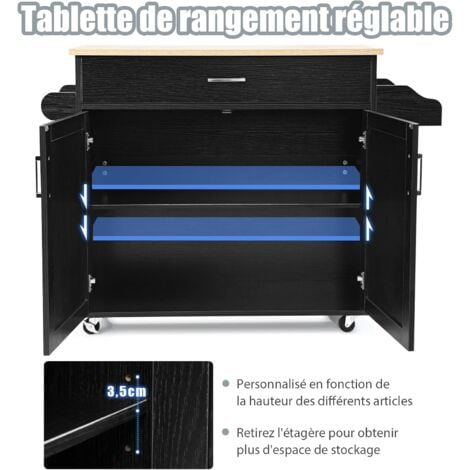 COSTWAY Desserte de Cusine, Bîlot de Cuisine à Roulettes Etagère Réglable sur 3 Niveaux Noir