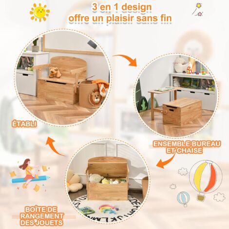 Table Enfant 3 En 1 COSTWAY Bois - Chaise, Banc & Coffre à Jouets 60x57x44cm