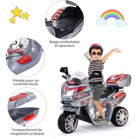 Moto électrique pour enfants scooter 3 roues 6 V 3 Km/h effets lumineux et  sonores top case blanc au meilleur prix
