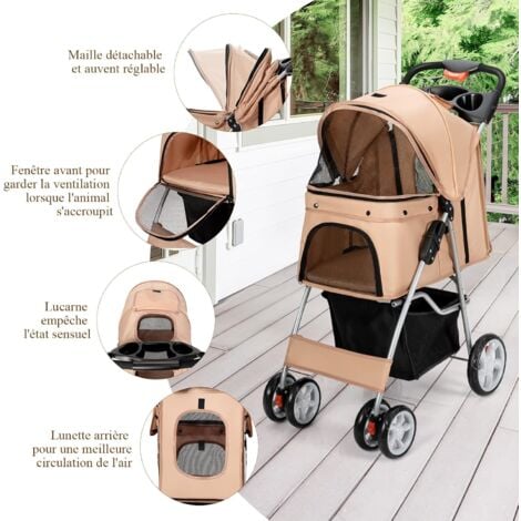 Poussette pour Chien Chat Animaux Poussette de Voyage avec 2 Cages  Détachables Roues Avant Universelles Beige - Costway