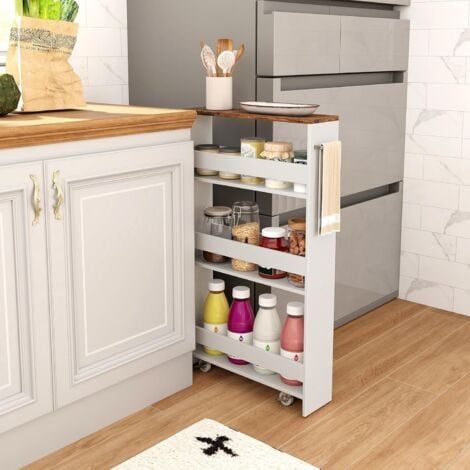 COSTWAY Chariot de Rangement à roulettes, Desserte de Cuisine à 4 Niveaux avec Poignée Latérale et Roues Universelles avec Freins, Design Étroit pour Petit Espace (Blanc+Marron Rustique)
