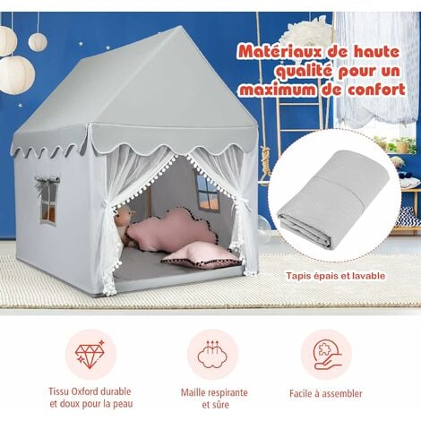 Tente de Jeux pour Enfants Cabane de Style Princesse en Coton Cadeau pour  Garçons et Filles Gris/Beige - Costway