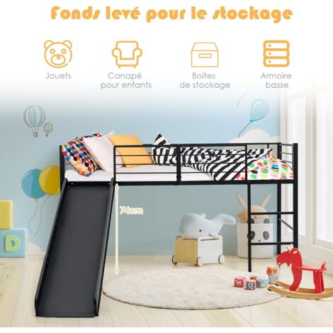 COSTWAY Lit Mezzanine 90 X 190 Cm En Métal Avec 4 Garde-corps De Sécurité,Echelle à 2 Marches Et Toboggan Matelas Non Inclus Blanc - Maison