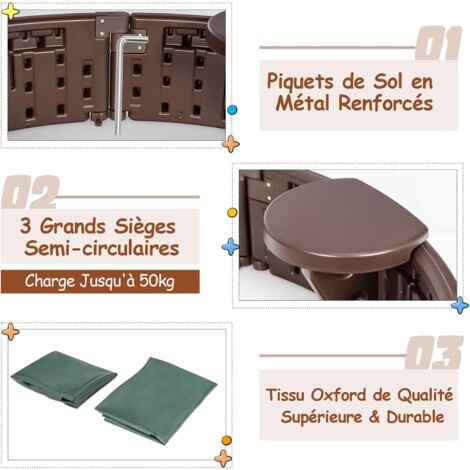 COSTWAY Bac à Sable Enfant Rond 120x120x21 cm en Plastique avec Couvercle Etanche Bâche Intégrée Sièges Doublure Inférieure Marron