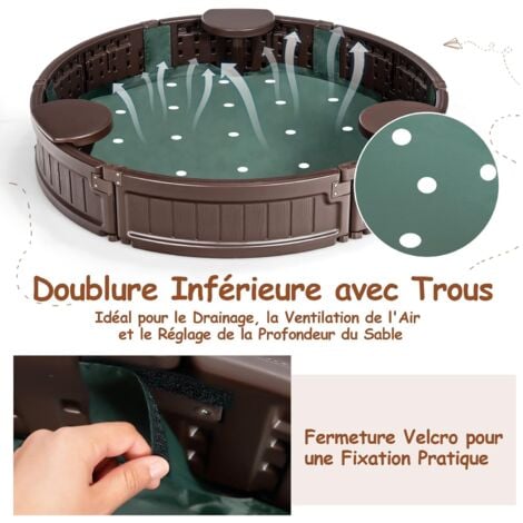 COSTWAY Bac à Sable Enfant Rond 120x120x21 cm en Plastique avec Couvercle Etanche Bâche Intégrée Sièges Doublure Inférieure Marron